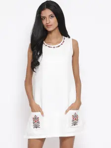 ROOTED Women White Solid A-Line Pocket Dress