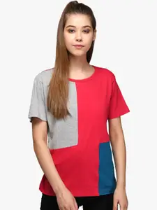 Kotty Women Red & Grey Colourblocked Round Neck T-shirt
