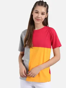 Kotty Women Red And Yellow Colourblocked Round Neck T-shirt