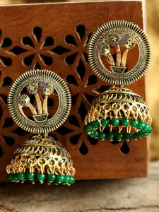 ANIKAS CREATION Green & Gold-Toned Dome Shaped Jhumkas