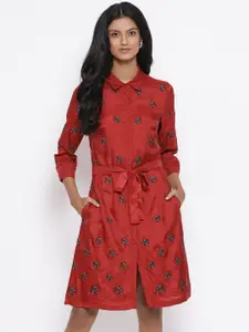 ROOTED Women Maroon Embroidered Shirt Dress
