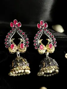ANIKAS CREATION Gold-Plated & Magenta Antique Peacock Shaped Jhumkas