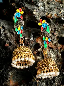 ANIKAS CREATION Multicoloured Gold Plated Meenakari Dome Shaped Jhumkas