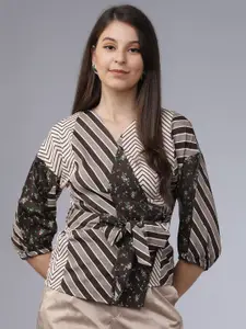 Tokyo Talkies Women Brown & Black Printed Wrap Top