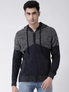 Club York Men Navy Blue & Grey Colourblocked Front-Open Sweater