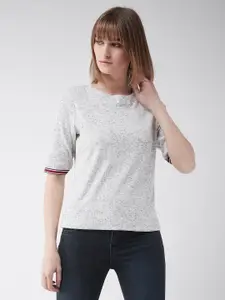 Miss Chase Women Grey Melange Solid Knitted Pure Cotton Top
