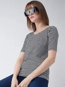 Miss Chase Women Black & White Striped Round Neck T-shirt