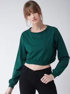 Miss Chase Women Green Solid Knitted Boxy Crop Pure Cotton Top
