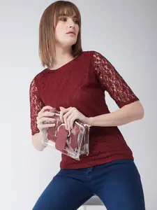 Miss Chase Women Maroon Self Design Pure Cotton Top