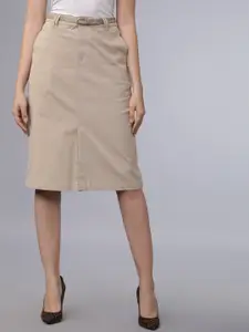 Tokyo Talkies Women Beige Solid Straight Skirt with Belt