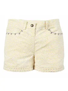 My Little Lambs Girls Off-White & Yellow Printed Regular Fit Regular Shorts