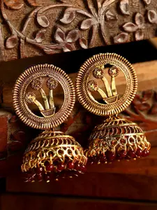 ANIKAS CREATION Gold Plated & Maroon Dome Shaped Jhumkas