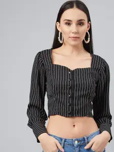 Marie Claire Women Black Striped Shirt Style Crop Top