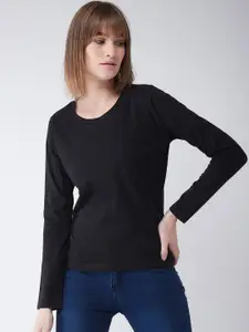 Miss Chase Women Black Solid Round Neck Pure Cotton T-shirt