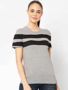 MACK JONNEY Women Grey Melange Striped Round Neck T-shirt