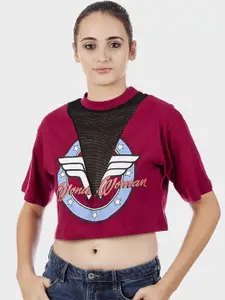 Free Authority Women Maroon Wonder Woman Printed Round Neck Crop Pure Cotton T-shirt