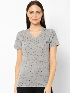 MACK JONNEY Women Grey Printed V-Neck T-shirt