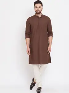 even Men Brown Solid Straight Linen Kurta