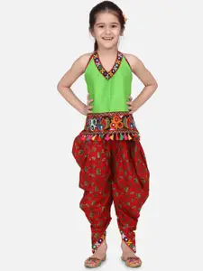 BownBee Girls Green & Red Ikat & Mirrorwork Top with Dhoti Pants