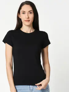 Bewakoof Women Black Solid Round Neck Pure Cotton T-shirt