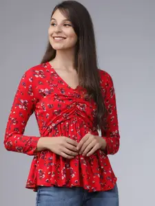 Tokyo Talkies Women Red & Blue Floral Printed Rouched A-Line Top