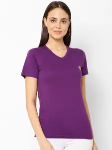 MACK JONNEY Women Purple Solid V-Neck T-shirt