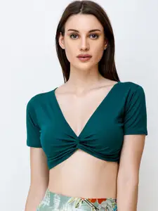 SCORPIUS Women Teal Green Solid Front Knot Crop Top