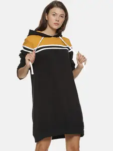 Campus Sutra Women Black & Mustard Yellow Colourblocked Hooded Longline T-Shirt Dress