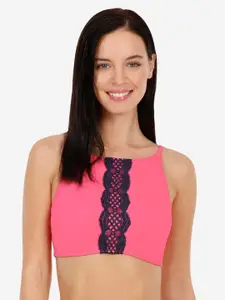 Amante Women Pink & Blue Solid Side Ruched Swim Crop Top