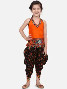BownBee Girls Black & Orange Embroidered Top with Dhoti Pants