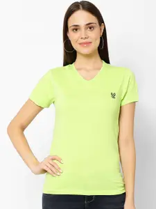 MACK JONNEY Women Fluorescent Green Solid V-Neck T-shirt