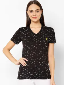 MACK JONNEY Women Black Printed V-Neck T-shirt