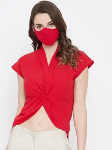 Imfashini Women Red Solid High-Low Crop Top With Matching Mask