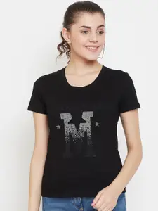 Camey Women Black & White Printed Round Neck T-shirt
