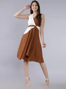 Tokyo Talkies Women Brown & White Colourblocked Fit and Flare Dress