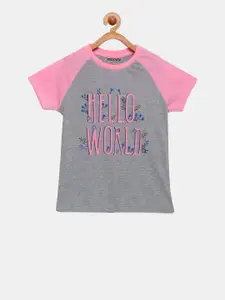 mackly Girls Grey Melange & Pink Colourblocked Lounge T-Shirt