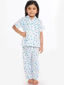 Fuzzy Bear Girls White & Blue Printed Sustainable Night Suit
