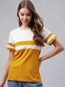 RARE Women Mustard Yellow & White Colourblocked Round Neck T-shirt