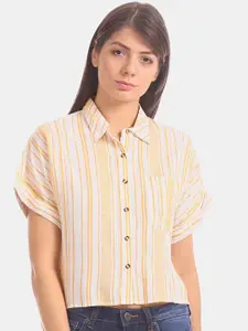 Aeropostale Women White & Yellow Regular Fit Striped Casual Shirt