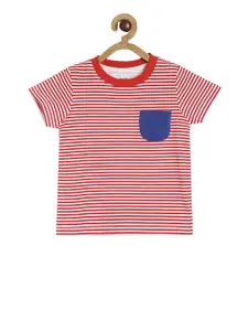 MINI KLUB Boys Red  White Striped Round Neck Pure Cotton T-shirt