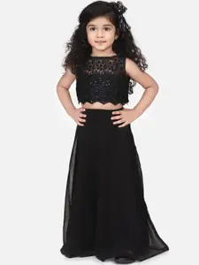 AWW HUNNIE Girls Black Embellished Top with Skirt