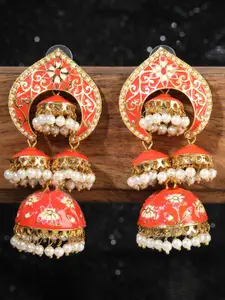 ANIKAS CREATION Orange & Gold-Plated Dome Shaped Pearl Jhumkas