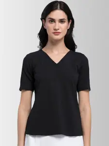 FableStreet Women Black Solid V-Neck T-shirt