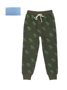 Lil Tomatoes Boys Olive Green Printed Straight-Fit Joggers