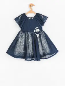 Peppermint Girls Teal Self Design A-Line Dress