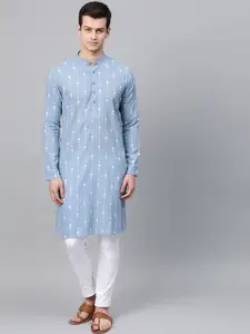 See Designs Men Blue & White Woven Design Straight Kurta