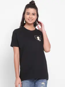 YOLOCLAN Women Black Printed Round Neck Pure Cotton T-shirt