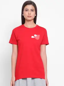 YOLOCLAN Women Red Printed Round Neck Pure Cotton T-shirt
