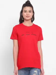 YOLOCLAN Women Red Printed Round Neck Pure Cotton T-shirt