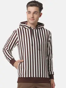 Campus Sutra Men White & Brown Striped Hooded Sweatshirt